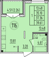 1 ккв № 116 Корп.: 1 , Секция 5  в ЖК Образцовый квартал 6.4