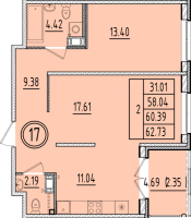 2 ккв № 17 Корп.: 1 , Секция 1  в ЖК Образцовый квартал 6.4
