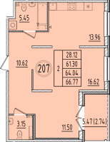 2 ккв № 207 Корп.: 1 , Секция 8  в ЖК Образцовый квартал 6.4