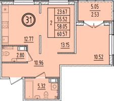 2 ккв № 31 Корп.: 2 , Секция 1  в ЖК Образцовый квартал 6.4