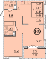 3 ккв (Евро) № 136 Корп.: 2 , Секция 4  в ЖК Образцовый квартал 6.4