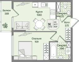 1 ккв № 70 Корп.: 4 , Секция 4  в ЖК Охтинские высоты