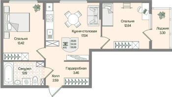 3 ккв (Евро) № 6 Корп.: 4 , Секция 1  в ЖК Охтинские высоты