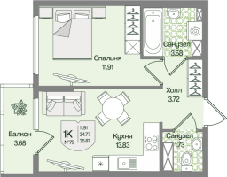 1 ккв № 79 Корп.: 4 , Секция 4  в ЖК Охтинские высоты