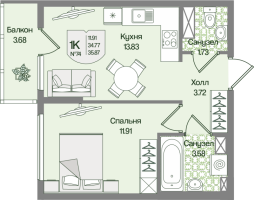 1 ккв № 74 Корп.: 4 , Секция 4  в ЖК Охтинские высоты