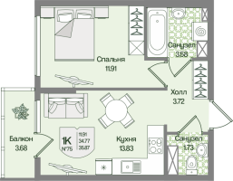 1 ккв № 75 Корп.: 4 , Секция 4  в ЖК Охтинские высоты
