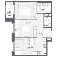 3 ккв (Евро) № 490 Корп.: 1 , Секция 6  в ЖК Оптимист