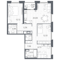 4 ккв (Евро) № 321 Корп.: 1 , Секция 4  в ЖК Оптимист