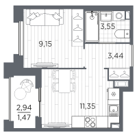 1 ккв № 11 Корп.: 1 , Секция 1  в ЖК Оптимист