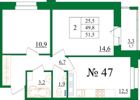 2 ккв № 47 Корп.: 2 , Секция 1  в ЖК Орловский Бульвар