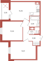 3 ккв (Евро) № 165 Корп.: 2 Уч. 28 , Секция 3  в ЖК ПАТИО. Уютный квартал