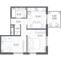 2 ккв № 58 Корп.: 9 , Секция 3  в ЖК PLUS Пулковский
