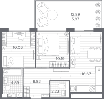 2 ккв № 195 Корп.: 2 , Секция 6  в ЖК PLUS Пулковский