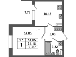 1 ккв № 112 Корп.: 7.10 , Секция 3  в ЖК Парадный ансамбль