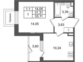 1 ккв № 303 Корп.: 8.1 , Секция 1.7  в ЖК Парадный ансамбль