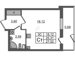 Студия № 60 Корп.: 7.12 , Секция 2  в ЖК Парадный ансамбль