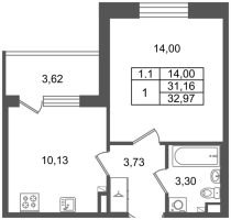 1 ккв № 401 Корп.: 8.6 , Секция 2.1  в ЖК Парадный ансамбль