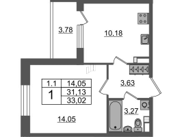 1 ккв № 127 Корп.: 7.10 , Секция 3  в ЖК Парадный ансамбль
