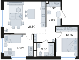 3 ккв (Евро) № 492 Корп.: 2 , Секция 4  в ЖК Парголово