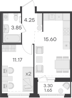 2 ккв (Евро) № 352 Корп.: 1 , Секция 3  в ЖК Парголово