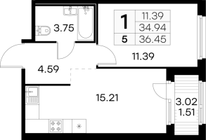 2 ккв (Евро) № 5 Корп.: 4 , Секция 1  в ЖК Парголово