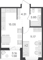 2 ккв (Евро) № 345 Корп.: 1 , Секция 3  в ЖК Парголово