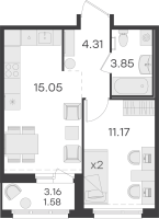 2 ккв (Евро) № 339 Корп.: 1 , Секция 3  в ЖК Парголово
