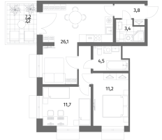 3 ккв (Евро) № 492 Корп.: 2.2 , Секция 1  в ЖК Парусная 1