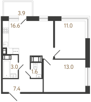 3 ккв (Евро) № 381 Корп.: 1 , Секция 3  в ЖК Передвижники 2