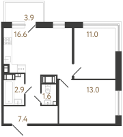 3 ккв (Евро) № 403 Корп.: 1 , Секция 3  в ЖК Передвижники 2