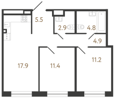 3 ккв (Евро) № 153 Корп.: 1 , Секция 2  в ЖК Передвижники 2