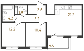 3 ккв (Евро) № 184 Корп.: 1 , Секция 3  в ЖК Передвижники