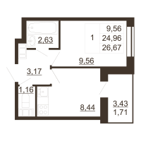 1 ккв № 12 Корп.: 1 , Секция 1  в ЖК Перспектива (Пулковское, 34)