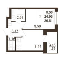 1 ккв № 302 Корп.: 1 , Секция 7  в ЖК Перспектива