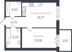 2 ккв (Евро) № 1 Дом: 1 , Секция 1  в ЖК Петровская коса