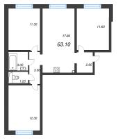 3 ккв (Евро) № 7 Дом: 216.1 Корп.: 18.1 Уч. 132 , Секция 1  в ЖК Пейзажный квартал