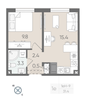 2 ккв (Евро) № 519 Дом: 216.2 Корп.: 18.2 Уч. 132 , Секция 2  в ЖК Пейзажный квартал