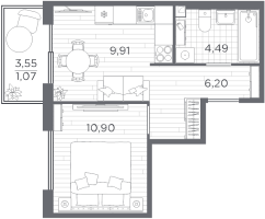 1 ккв № 90 Корп.: 1 , Секция 3  в ЖК Плюс Пулковский