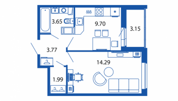 1 ккв № 2/12/02 Корп.: 1 , Секция 2  в ЖК Полис ЛАВрики