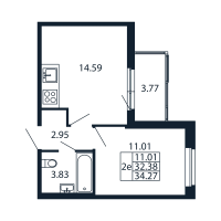 1 ккв № 3/03/01 Корп.: 2.1 , Секция 3  в ЖК Полис Новоселье