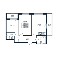 3 ккв (Евро) № 1/03/02 Корп.: 2.1 , Секция 1  в ЖК Полис Новоселье