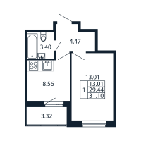 1 ккв № 1/06/04 Корп.: 2.1 , Секция 1  в ЖК Полис Новоселье