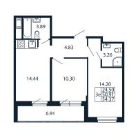 2 ккв № 1/06/07 Корп.: 2.1 , Секция 1  в ЖК Полис Новоселье