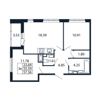 3 ккв (Евро) № 13/11/10 Корп.: 3 , Секция 13  в ЖК Полис Приморский 2