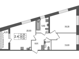 3 ккв (Евро) № 1 Корп.: 1 Уч. 7 , Секция 1.1  в ЖК Прайм Приморский