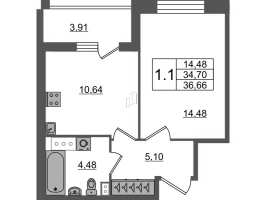 1 ккв № 460 Корп.: 1 Уч. 7 , Секция 2.3  в ЖК Прайм Приморский