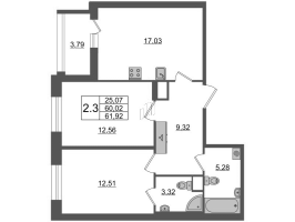 3 ккв (Евро) № 1087 Корп.: 3 Уч. 7 , Секция 3.3  в ЖК Прайм Приморский