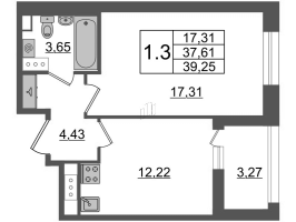 1 ккв № 382 Корп.: 3 Уч. 7 , Секция 1.4  в ЖК Прайм Приморский