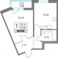 1 ккв № 208 Дом: 13 Корп.: 40 , Секция 2  в ЖК Приморский квартал