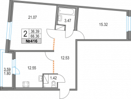 2 ккв № 416 Дом: 13 Корп.: 42 , Секция 6  в ЖК Приморский квартал